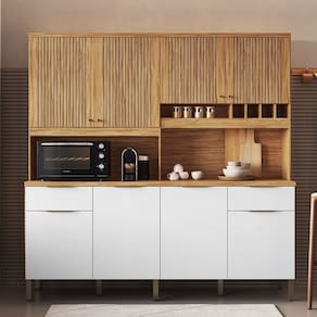 Cozinha Compacta com 8 Portas 2 Gavetas e Mini Adega 200,20cm 100% Mdf Hungria Espresso Móveis Amêndoa/Branco