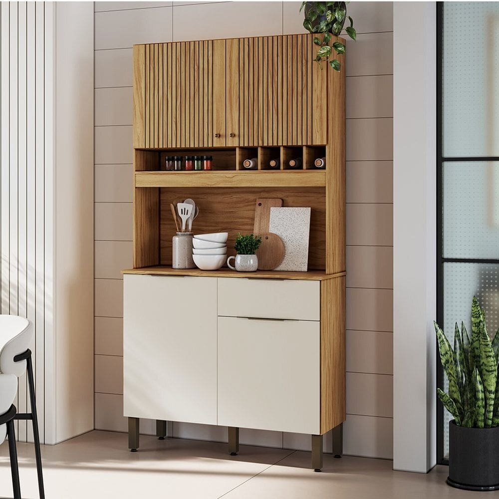 Cozinha Compacta com 4 Portas 1 Gaveta e Mini Adega 101,60cm 100% Mdf Croácia Espresso Móveis Amêndoa/Off White