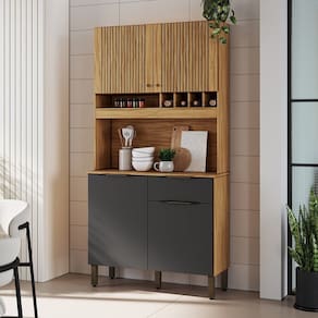 Cozinha Compacta com 4 Portas 1 Gaveta e Mini Adega 101,60cm 100% Mdf Croácia Espresso Móveis Amêndoa/Cinza