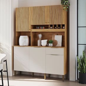 Cozinha Compacta com 6 Portas 1 Gaveta e Mini Adega 151,30 Cm 100% Mdf Croácia Espresso Móveis Amêndoa/Off White