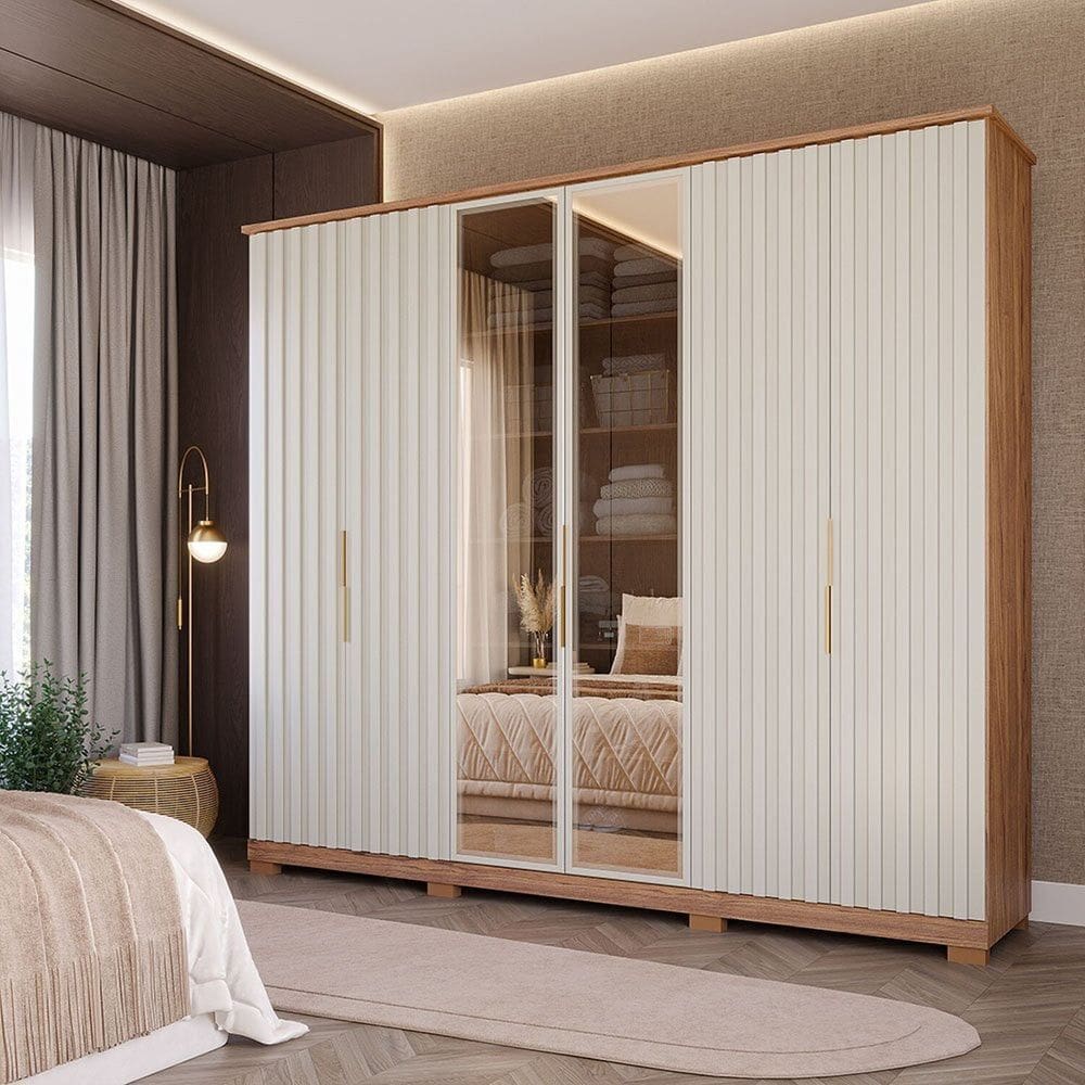 Guarda-Roupa Casal 242,5cm 6 Portas com Pés e Vidro Reflecta 100% MDF Vittoria Espresso Móveis