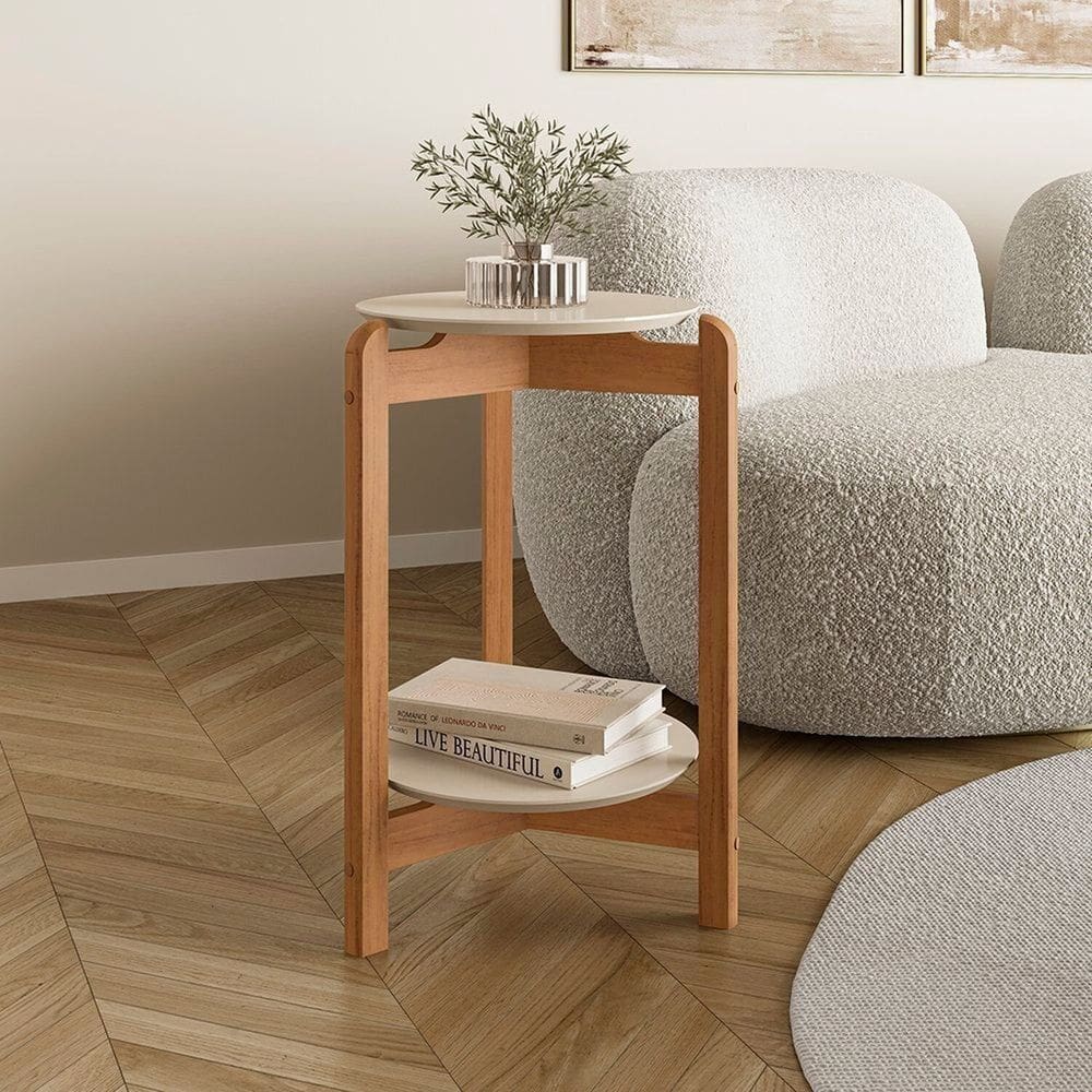 Mesa Lateral Mdf com Pés de Madeira Maciça Lizz Off White/Cedro