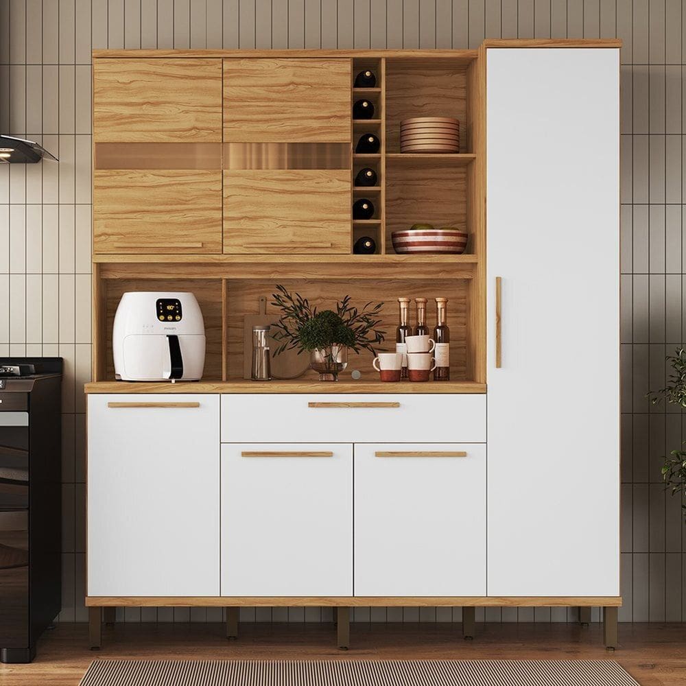 Cozinha Compacta 178cm com 6 Portas 1 Gaveta e Mini Adega 100% Mdf Suécia Espresso Móveis Amêndoa/Branco