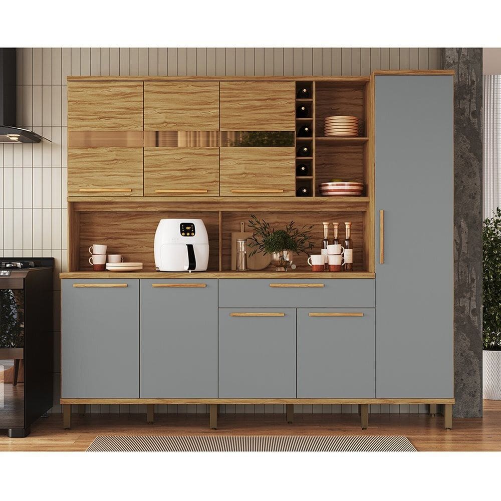 Cozinha Compacta 222cm com 8 Portas 1 Gaveta e Mini Adega 100% Mdf Suécia Espresso Móveis Amêndoa/Cinza