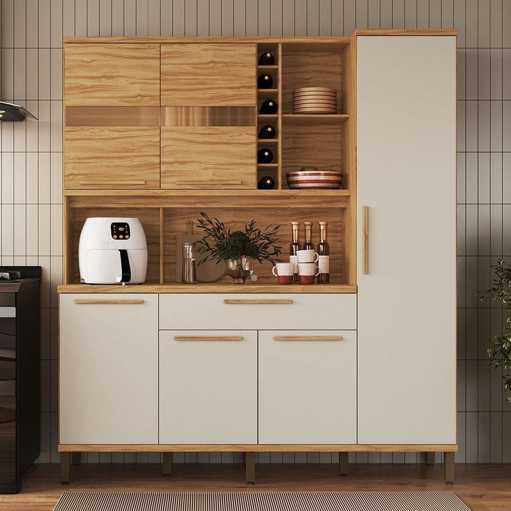 Cozinha Compacta 178cm com 6 Portas 1 Gaveta e Mini Adega 100% Mdf Suécia Espresso Móveis Amêndoa/Off White