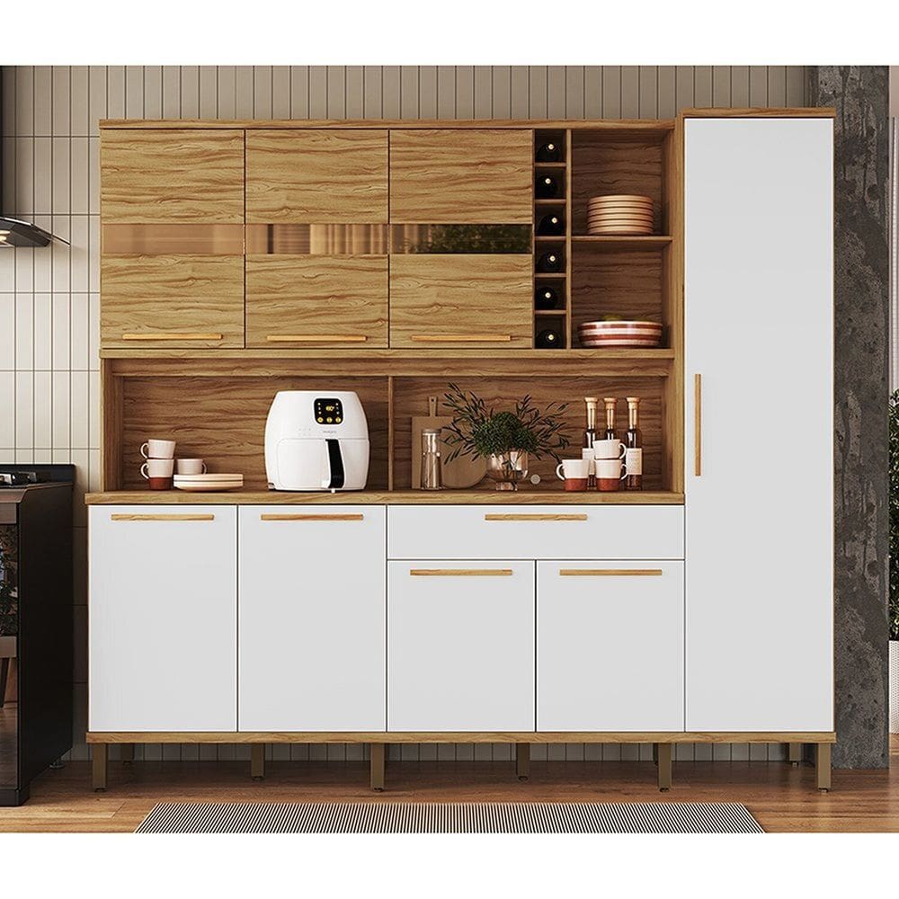 Cozinha Compacta 222cm com 8 Portas 1 Gaveta e Mini Adega 100% Mdf Suécia Espresso Móveis Amêndoa/Branco