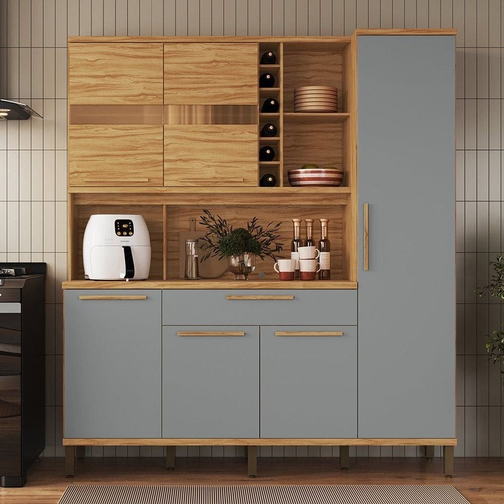 Cozinha Compacta 178cm com 6 Portas 1 Gaveta e Mini Adega 100% Mdf Suécia Espresso Móveis Amêndoa/Cinza