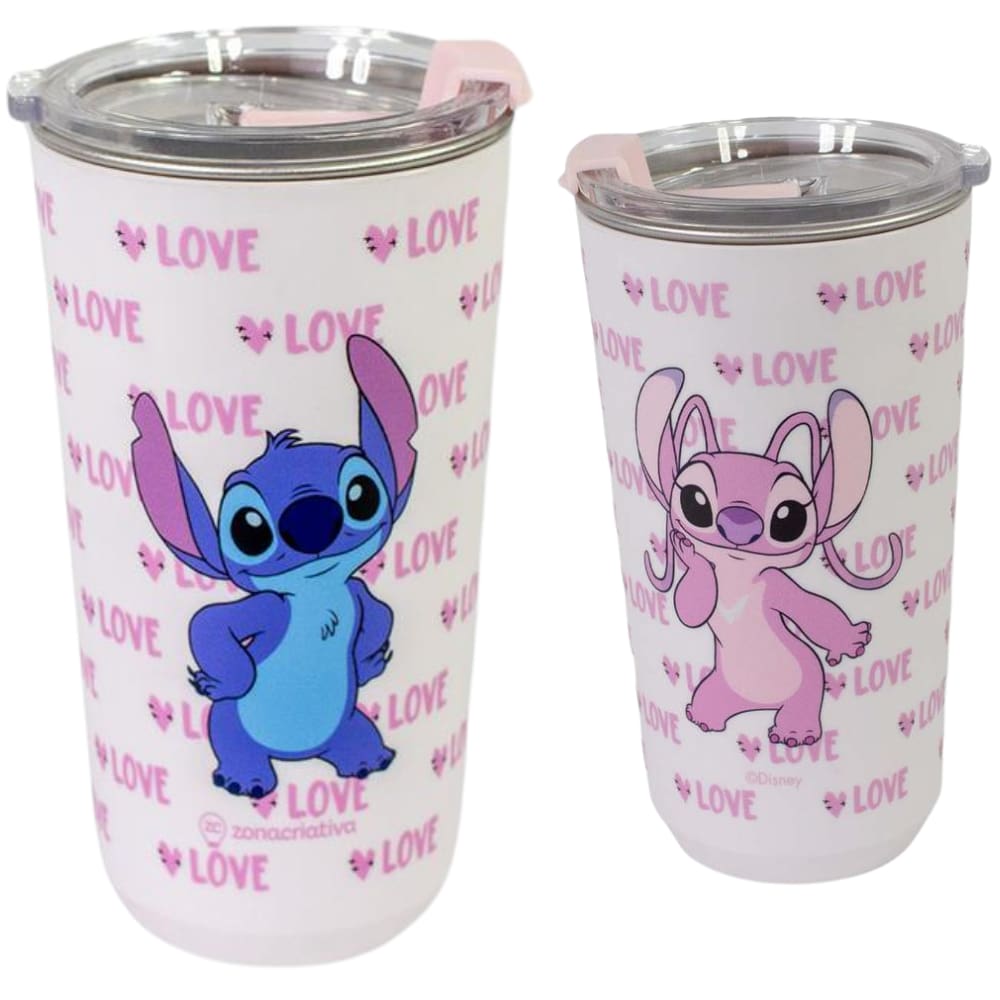 Copo Stitch E Angel Love Térmico Quente Gelado 500ml Com Tampa Oficial Disney