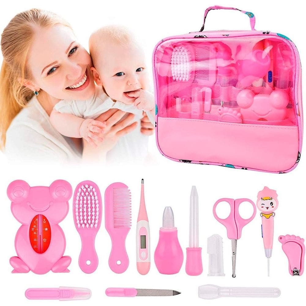 Kit Higiene Rosa Bebê Tesoura Escova Aspirador Nasal Bolsa