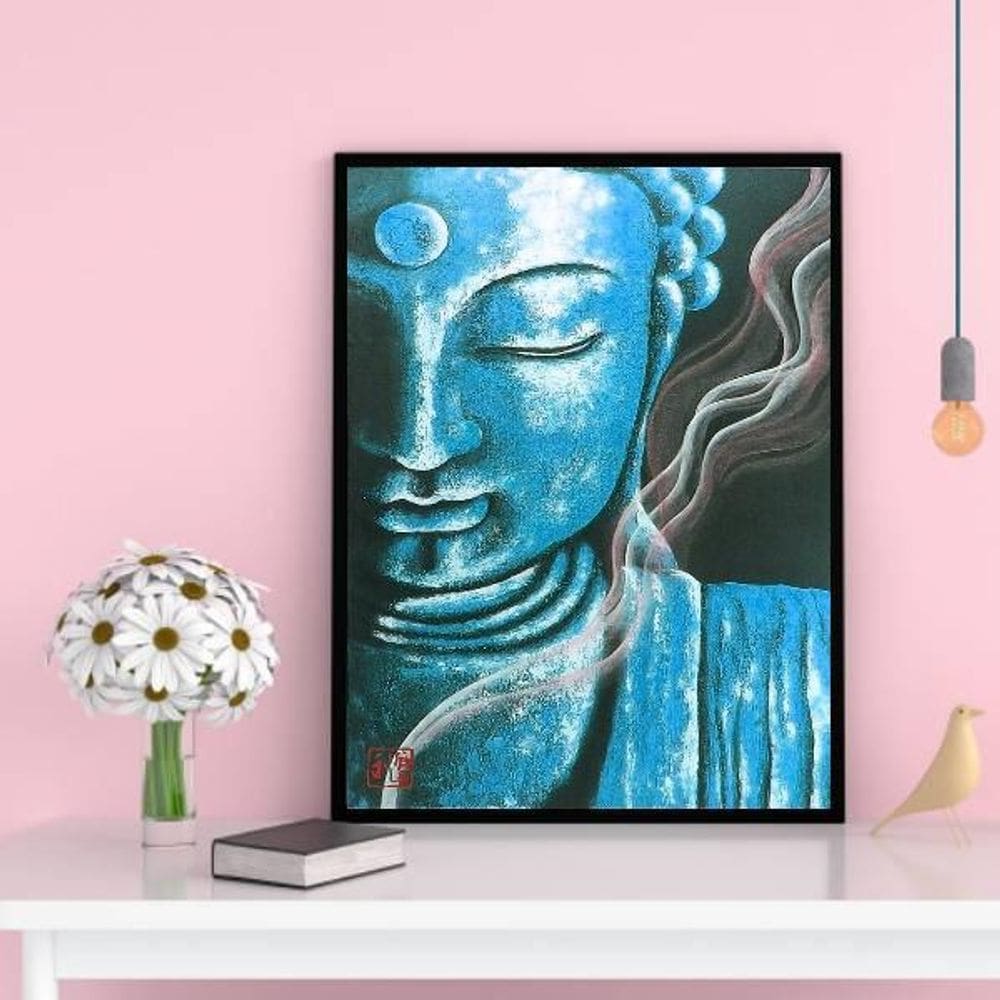 Quadro Decorativo Buda Azul 24X18Cm Com Vidro Madeira Preta