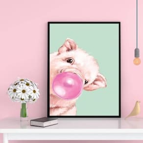 Quadro Decorativo Porquinho Bubble Gum 33X24 C/Vidro - Preta