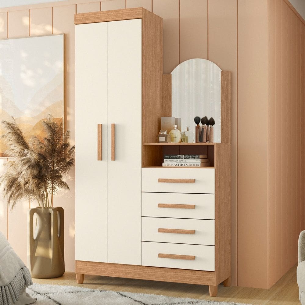 Guarda Roupa Solteiro 2 Portas com Cômoda 3 Gavetas com Pés e Espelho New Capri Albatroz