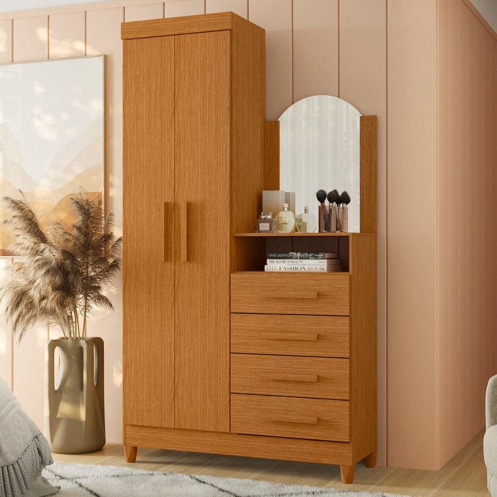Guarda Roupa Solteiro 2 Portas com Cômoda 3 Gavetas com Pés e Espelho New Capri Albatroz