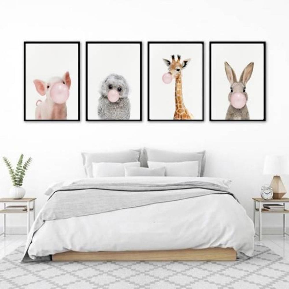 Kit 4 Quadros Bichinhos Chicletes 45X34Cm Com Vidro Preta