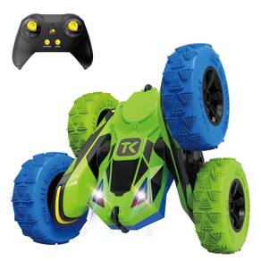 Controle remoto RC Stunt Car Threeking de dupla face verde+azul