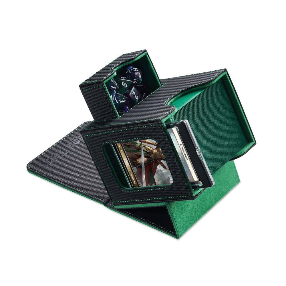 Caixa de baralho de cartas Mage Tech para MTG Commander com bandeja de dados preta/verde