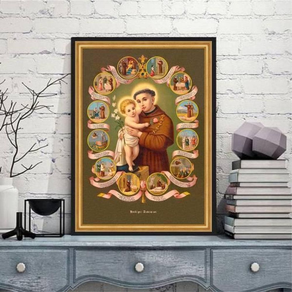 Quadro Vintage Santo Antônio 45X34Cm Com Vidro Moldura Preta