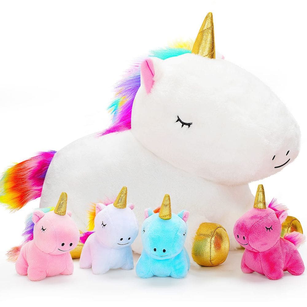 Mamãe unicórnio de bicho de pelúcia com 4 bebês unicórnios para meninas de 3 anos ou mais