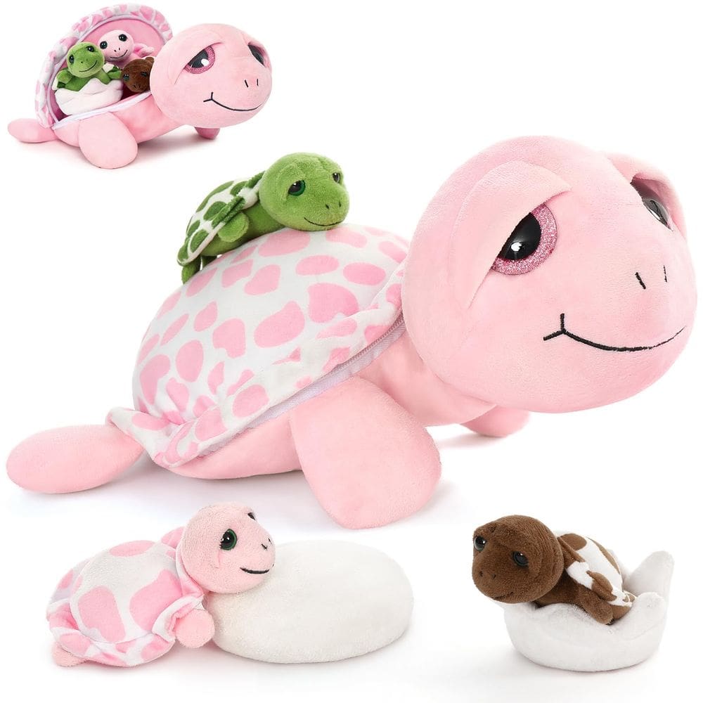 Bicho de pelúcia MoriSmos Sea Turtle com bebês, tartaruga rosa de 35 cm