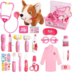 Kit médico Fajiabao para crianças de 3 a 5 anos com fantasia e brinquedo para cães