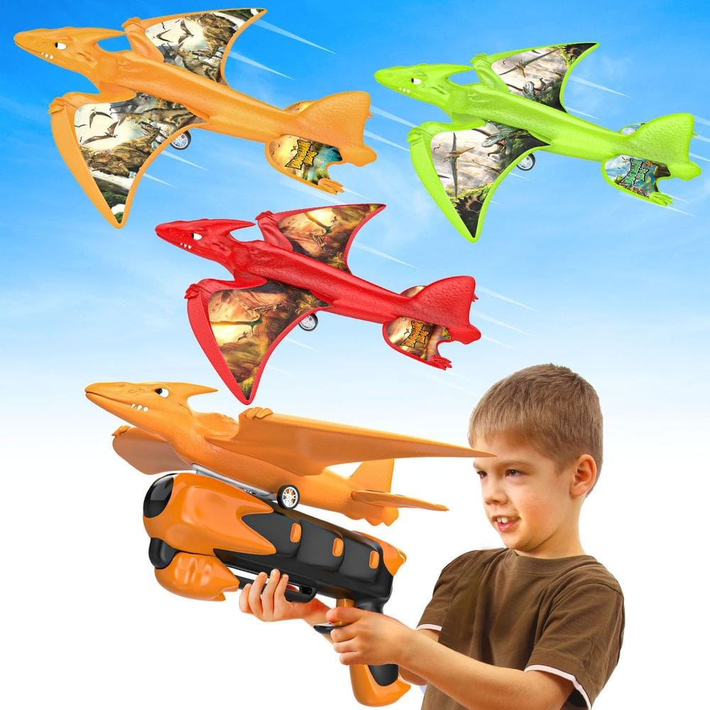 Lançador de aviões Toy Onysurui Dinosaur com LED 3 aviões de espuma