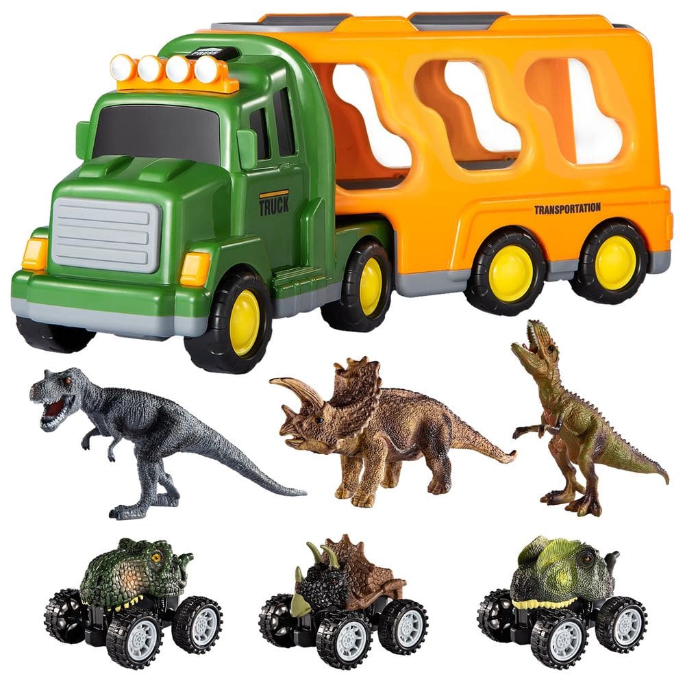 Caminhão de brinquedo TEMI Dinosaurs com 3 figuras de dinossauros e 3 carros monstros