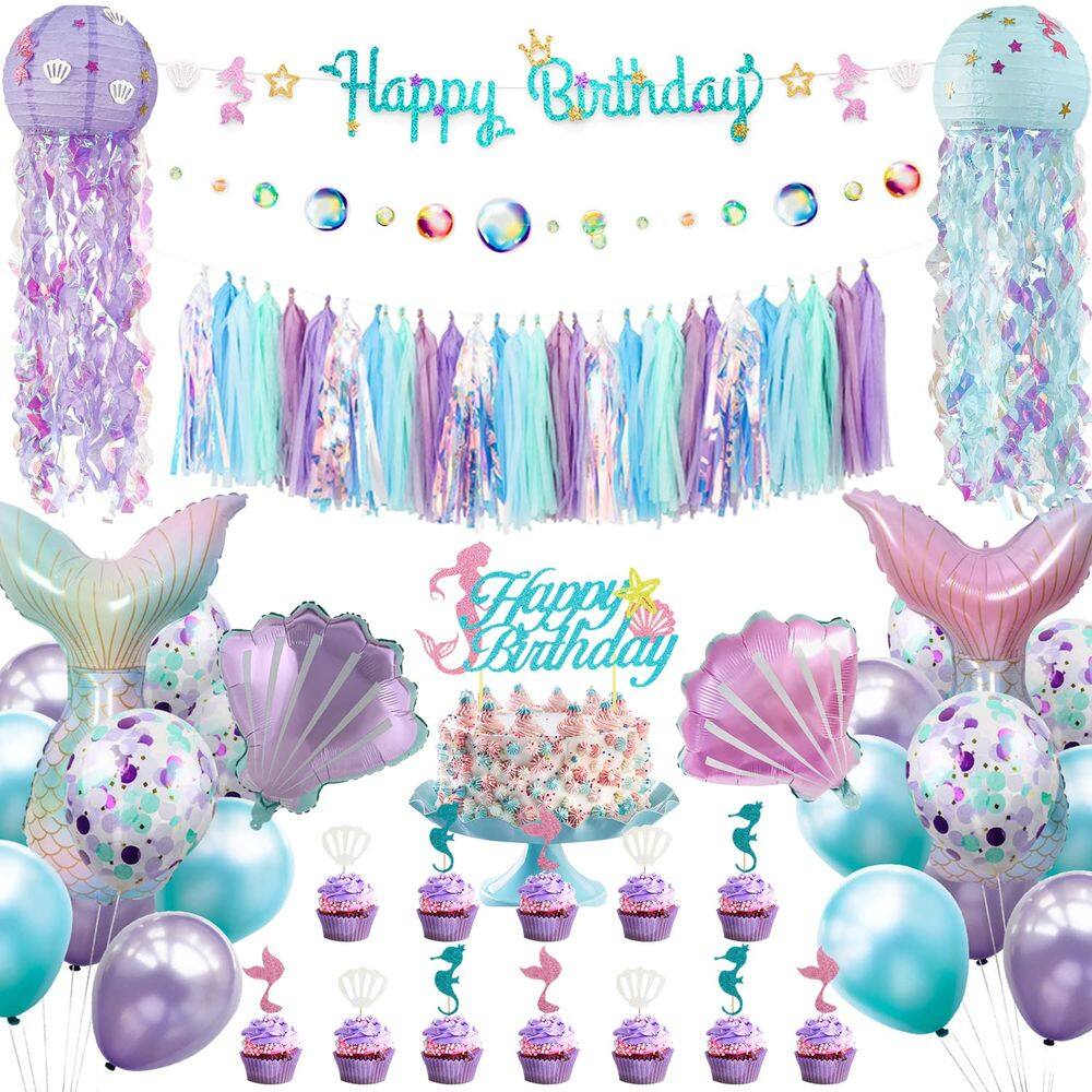 Conjunto de decorações de festa, aniversário de sereia, crianças, meninas e mulheres