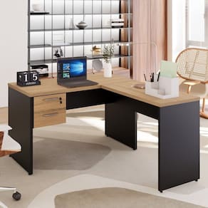 Mesa para Escritório Diretor em L com Gaveteiro Suspenso Marrom/Preto