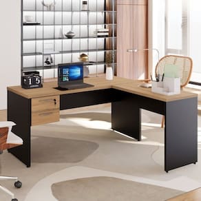 Mesa para Escritório Diretor em L com Gaveteiro Suspenso Marrom/Preto