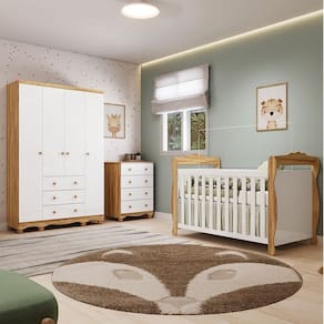 Quarto de Bebê Completo Berço Minicama Guarda-roupa 4 Portas e Cômoda 100% Mdf Nina Espresso Móveis Branco Brilho/Amêndoa