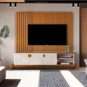 Painel Boto Ripado e Bancada Buriti 1.8 Curva com Pés e Puxadores em Madeira Maciça Marrom/Offwhite