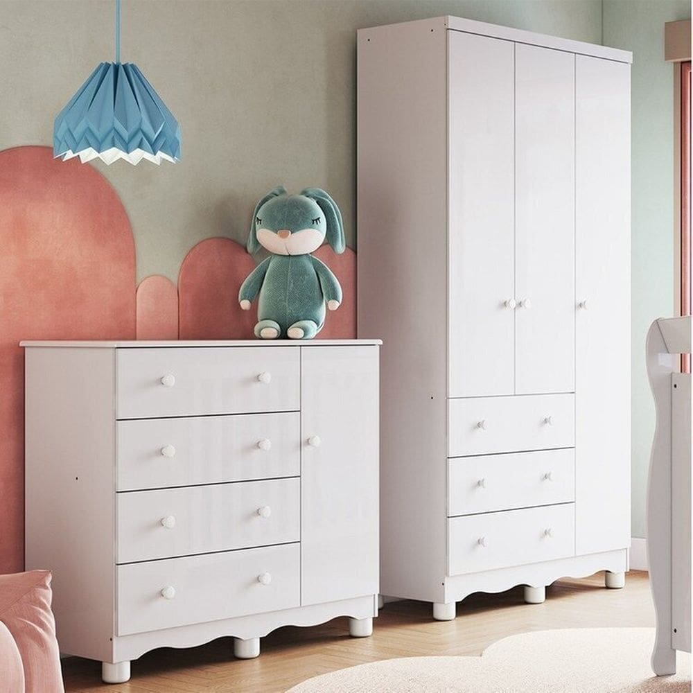 Quarto Infantil com Guarda-Roupa 3 Portas e Cômoda 1 Porta 100% MDF Mimo Espresso Móveis Branco Brilho