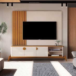 Painel Boto Ripado + Bancada Buriti 1.8 Curva com Pés e Puxadores em Madeira Maciça OffWhite/Marrom