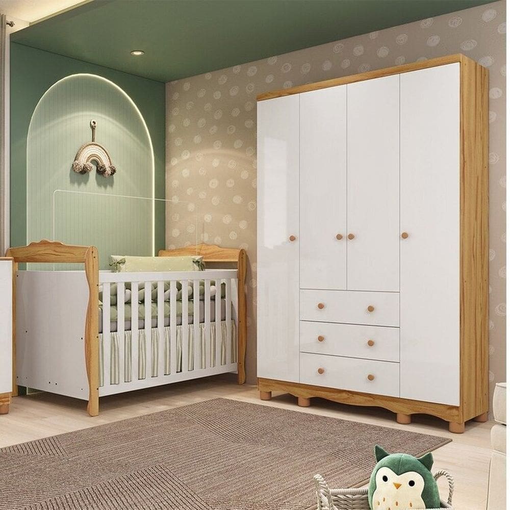 Quarto de Bebê com Guarda-roupa 4 Portas e Berço Minicama 100% Mdf Nina Espresso Móveis Branco Brilho/Amêndoa