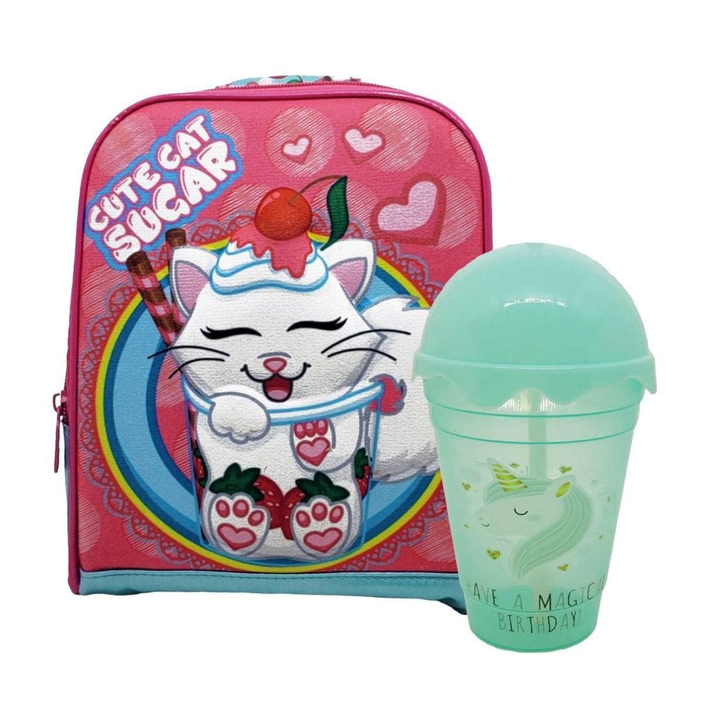 Lancheira Escolar Infantil Gatinho Em Relevo Acompanha Copo