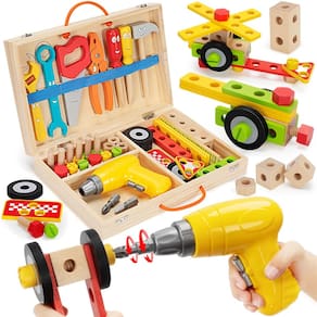 Conjunto de ferramentas WEMEMORN Kids Wooden com furadeira elétrica e caixa de ferramentas