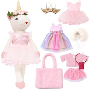 Bailarina de boneca unicórnio de pelúcia com bolsa de transporte e acessórios.