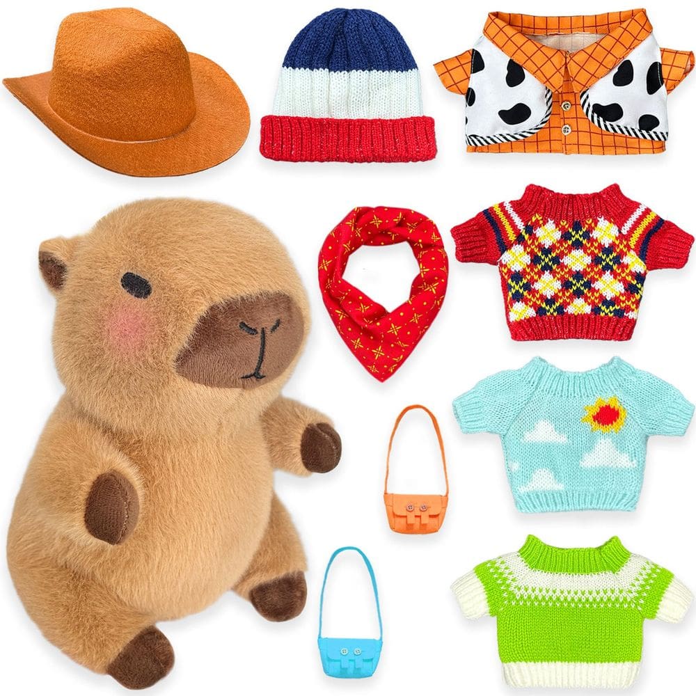 Brinquedo de pelúcia Kireidane Capybara com 9 roupas e acessórios de 26 cm