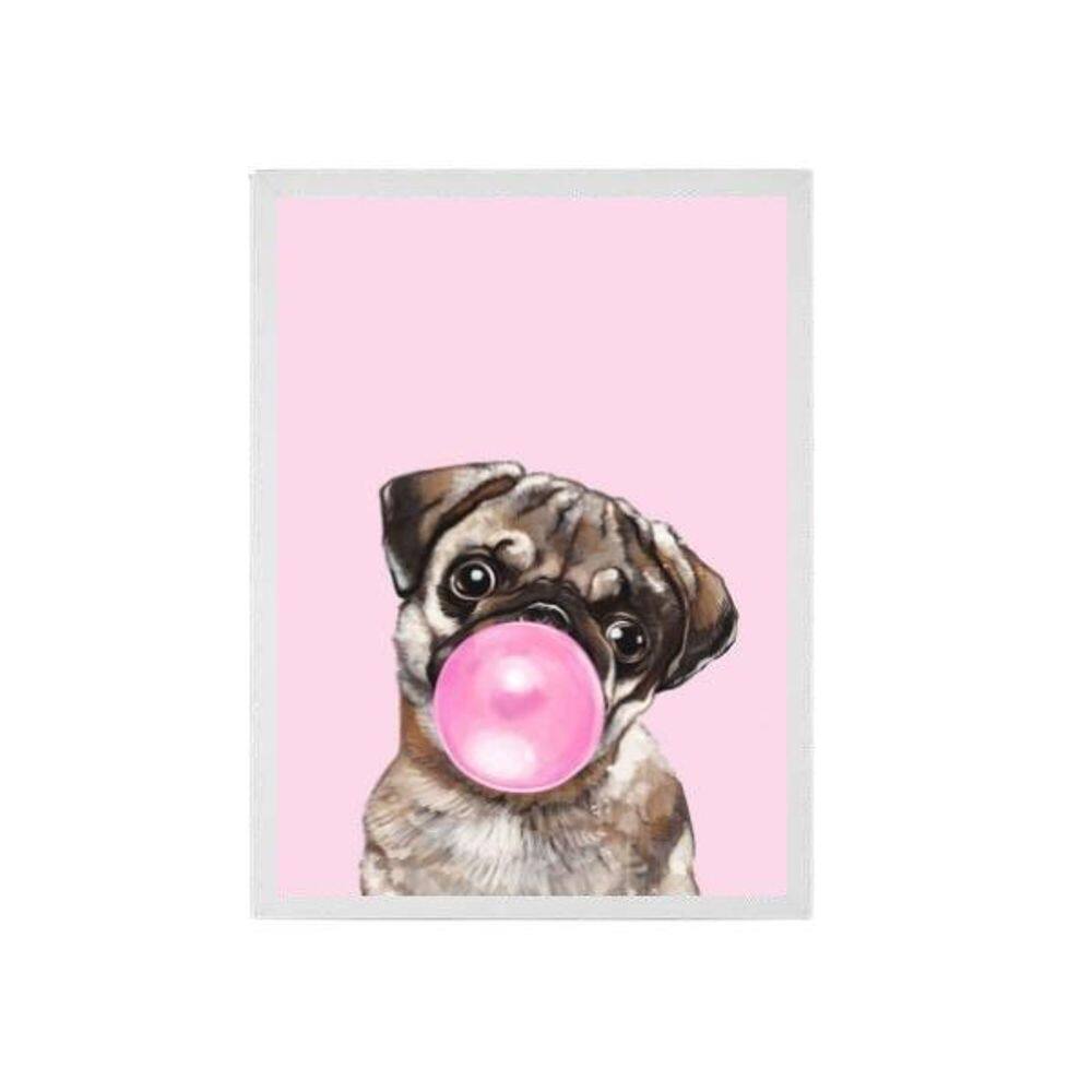 Quadro Decorativo Pug Bubble Gum 24X18Cm - Madeira Branca