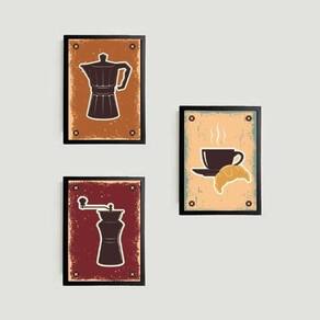 Kit 3 Quadros Café Com Croissant 45X34Cm Com Vidro Preta