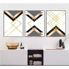 Kit 3 Quadros Decorativos Abstrato Dourado Linhas