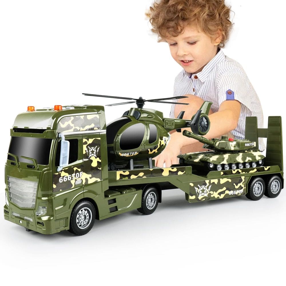 Caminhão de brinquedo Dwi Dowellin Green Military com helicópteros e tanque
