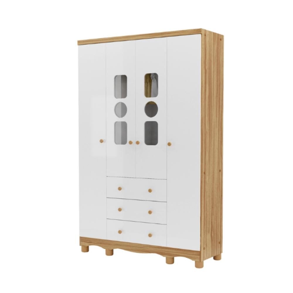 Guarda Roupa Peroba Tedy 4 Portas e 3 Gavetas Branco/Amêndoa