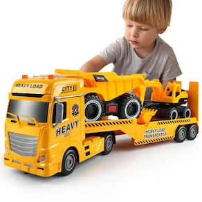Caminhão transportador de construção Toy Dwi Dowellin 25,6 cm com escavadeira