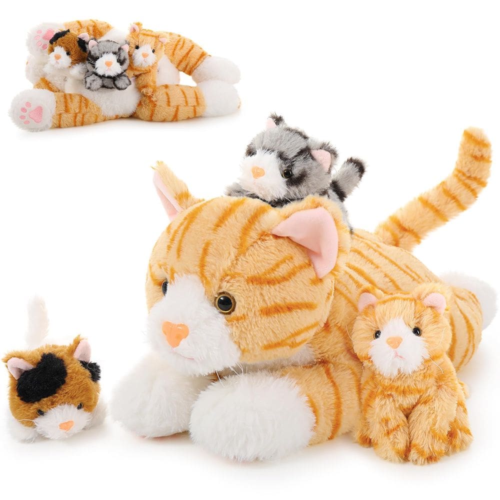Animais de pelúcia Muiteiur Cats 40 cm, mãe com 3 gatinhos em bolsa
