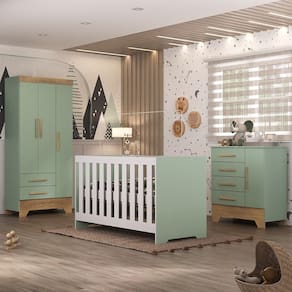 Quarto de Bebê com Guarda Roupa 3 Porta 2 Gavetas Cômoda 4 Gavetas 1 Porta e Berço 3 em 1 Catavento Maya Rodial