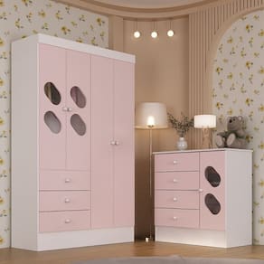 Quarto de BebÃª com Guarda Roupa 4 Portas 3 Gavetas e CÃ´moda 4 Gavetas 1 Porta com Janela Maya Rodial