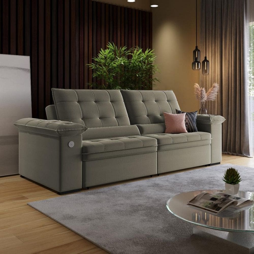 Sofá 3 Lugares Retrátil Reclinável com USB Veludo 230cm Khalifa Wood Estofados