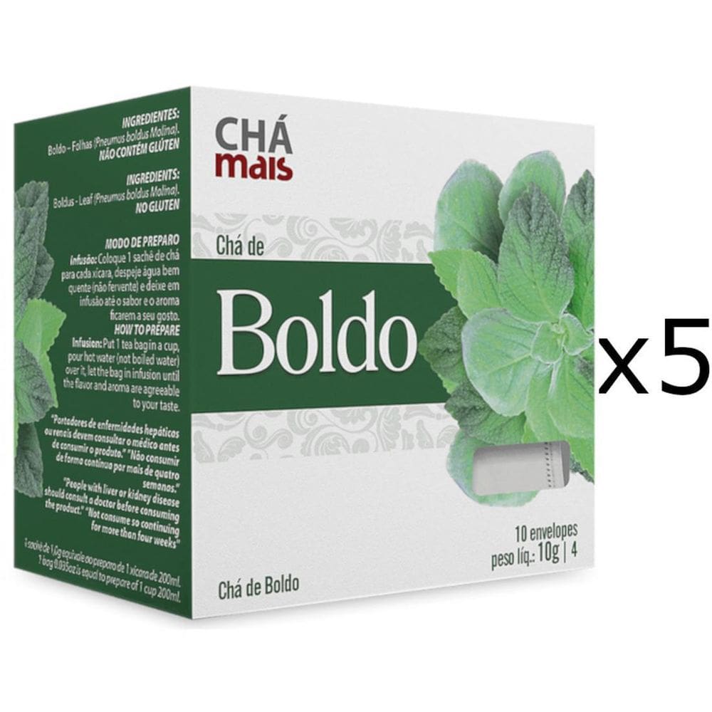 Chá De Boldo Kit Com 5 Caixas De 10 Sachês Cada