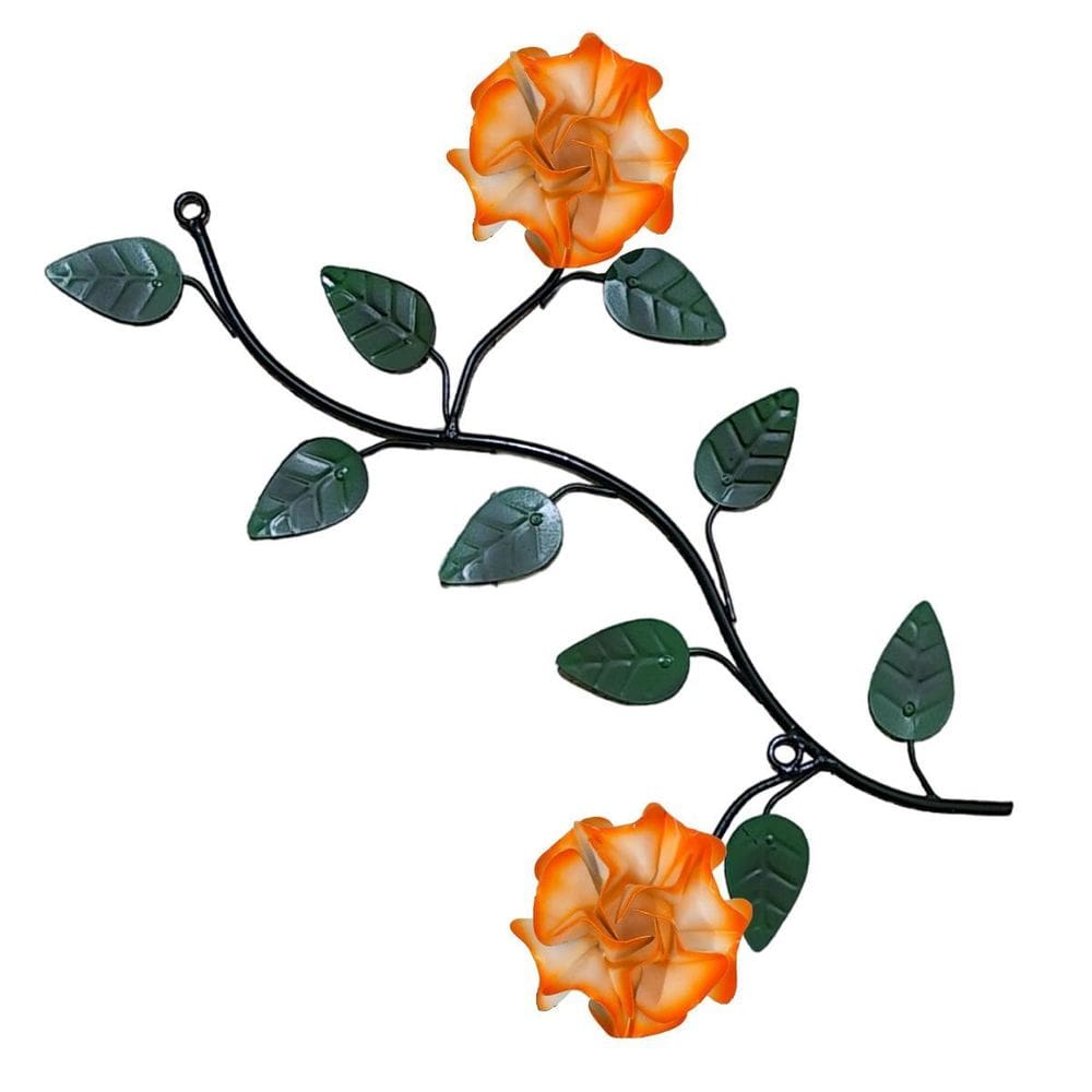 Arranjo De Parede Com Folhas Flores Em Ferro 2 Rosas Laranja